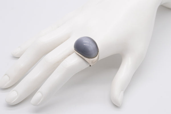 EUROPEAN STERLING SILVER 1960 UNISEX RING WITH 55.11 Cts BLUE CAT'S EYE