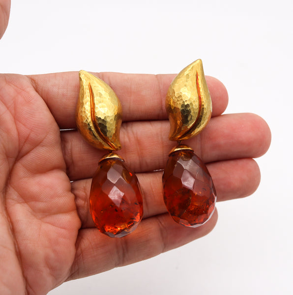 Tiffany & Co. By Paloma Picasso Pair of Dangle Earrings In Hammered 18Kt Yellow Gold With Amber Drops