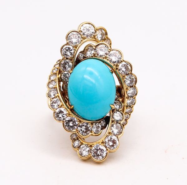 Fred of Paris 1970 Gem Set Cocktail Ring In 18Kt Gold With 12.34 Ctw Of Diamonds & Turquoise