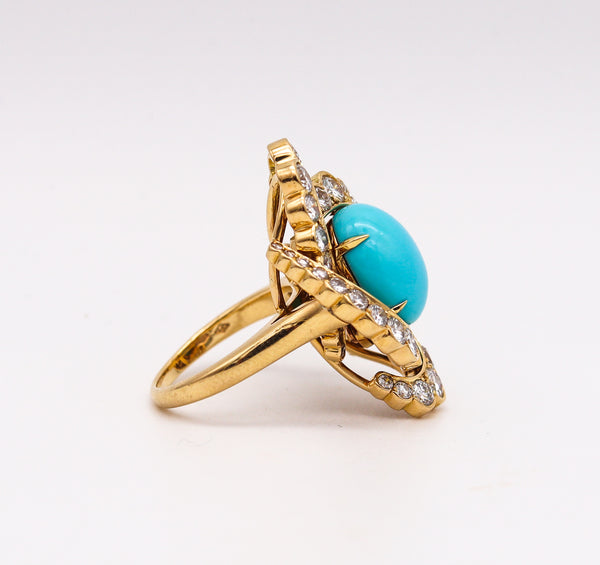 Fred of Paris 1970 Gem Set Cocktail Ring In 18Kt Gold With 12.34 Ctw Of Diamonds & Turquoise