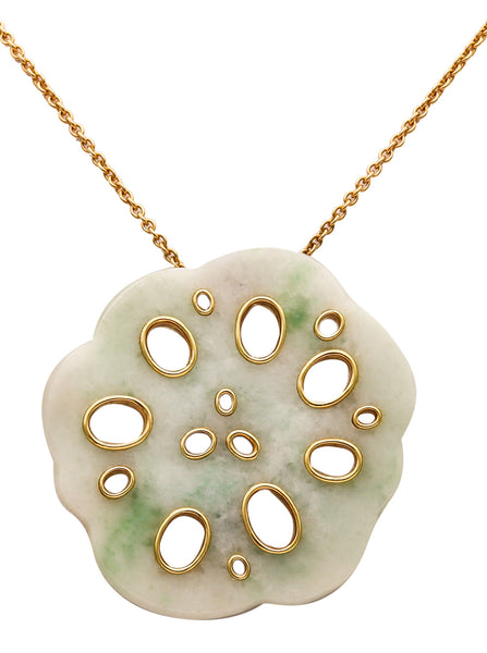 Angela Cummings Studios 1983 Organic Lotus Pendant Brooch In 18Kt Gold With Nephrite Jade
