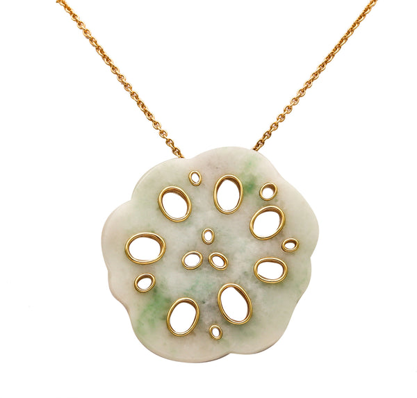 Angela Cummings Studios 1983 Organic Lotus Pendant Brooch In 18Kt Gold With Nephrite Jade