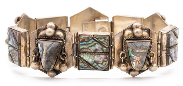 MEXICO TAXCO 1960 RETRO STERLING SILVER BRACELET WITH ABALONE SHELL