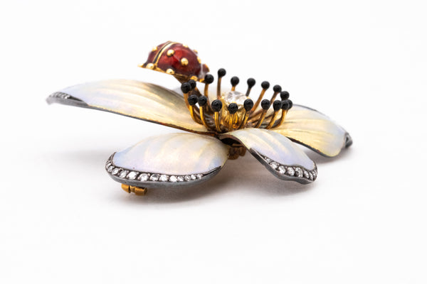 Moira Of London Rare 18Kt Art Nouveau Enameled Brooch With 1.5 Ctw In Diamonds