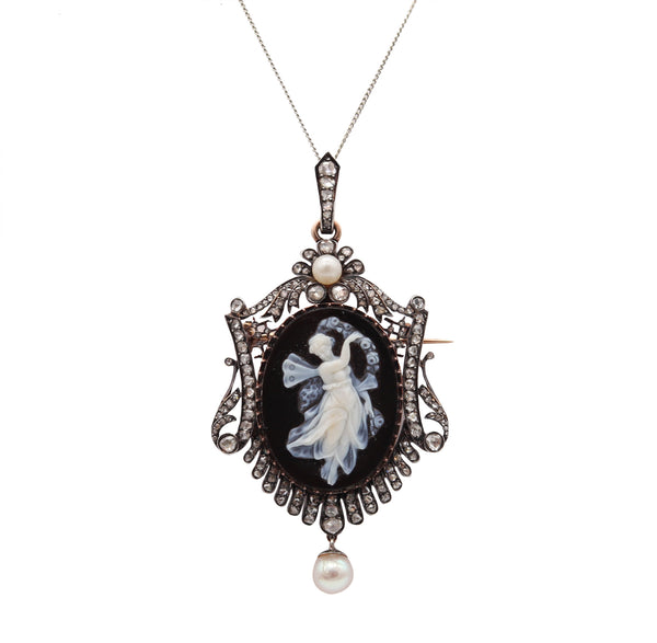 French 1860 Neo Classic Pendant Brooch In 18Kt Gold With Diamonds And Natural Pearls
