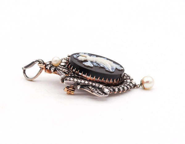 French 1860 Neo Classic Pendant Brooch In 18Kt Gold With Diamonds And Natural Pearls