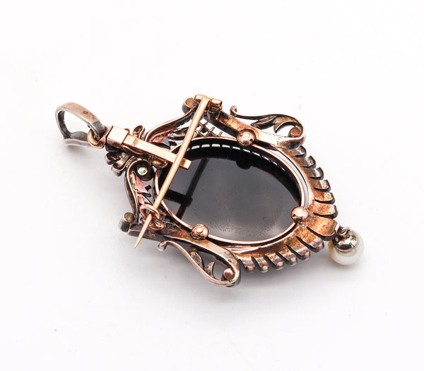 French 1860 Neo Classic Pendant Brooch In 18Kt Gold With Diamonds And Natural Pearls