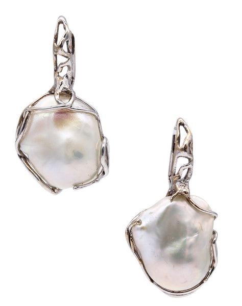 Italian Drop Dangle Earrings In 18Kt White Gold With 20 mm Baroque White Pearls