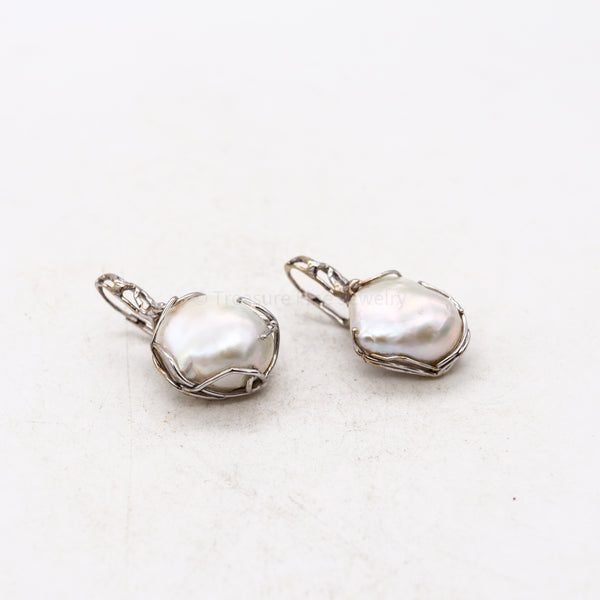 Italian Drop Dangle Earrings In 18Kt White Gold With 20 mm Baroque White Pearls
