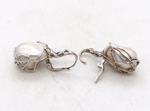 Italian Drop Dangle Earrings In 18Kt White Gold With 20 mm Baroque White Pearls