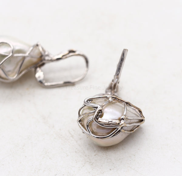 Italian Drop Dangle Earrings In 18Kt White Gold With 20 mm Baroque White Pearls
