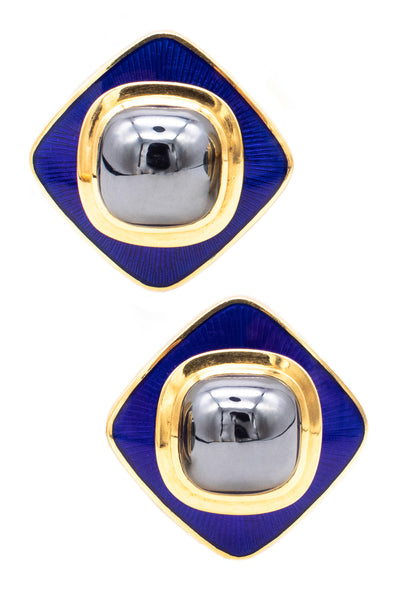 Tiffany Co By Leo De Vroomen Pair Of Enameled Clips Earrings In 18Kt Yellow Gold With 24 Cts In Hematite