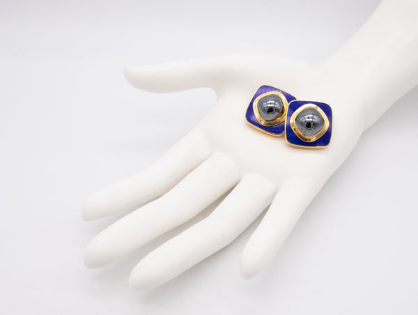 Tiffany Co By Leo De Vroomen Pair Of Enameled Clips Earrings In 18Kt Yellow Gold With 24 Cts In Hematite