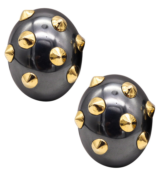 ANGELA CUMMINGS Studios Rare Geometric Spikes Clip Earrings In 18Kt Gold With Hematite