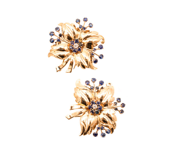 TIFFANY & CO. VINTAGE 14 KT GOLD BROOCH CLIPS WITH 4.30 Ctw IN DIAMONDS AND SAPPHIRES