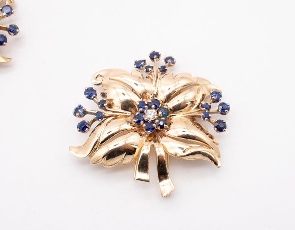 TIFFANY & CO. VINTAGE 14 KT GOLD BROOCH CLIPS WITH 4.30 Ctw IN DIAMONDS AND SAPPHIRES