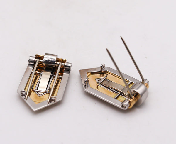 Hemmerle Munich 1970 Geometric Pair Of Dress Clips In 18Kt Gold And Platinum