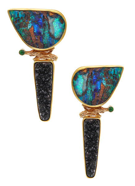 Jennifer Kalled Studio Modernist Drop Clip Earrings In 18Kt Gold With Opals Tsavorite & Druzy