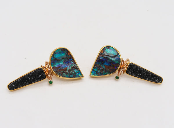 Jennifer Kalled Studio Modernist Drop Clip Earrings In 18Kt Gold With Opals Tsavorite & Druzy
