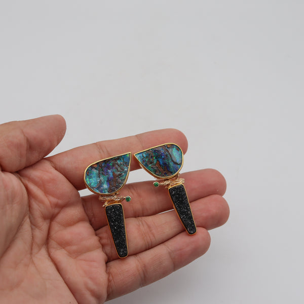 Jennifer Kalled Studio Modernist Drop Clip Earrings In 18Kt Gold With Opals Tsavorite & Druzy