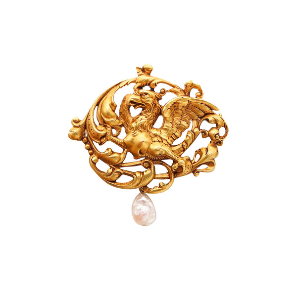 -Gaston Lafitte 1890 French Art Nouveau Griffin Brooch In 18Kt Gold With Pearl