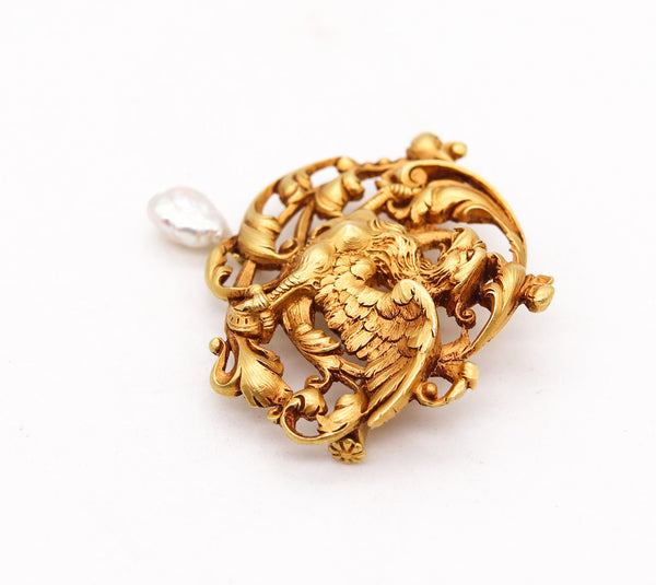 -Gaston Lafitte 1890 French Art Nouveau Griffin Brooch In 18Kt Gold With Pearl