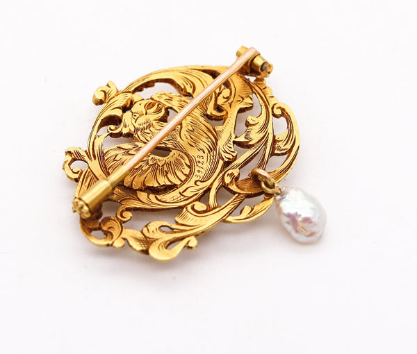 -Gaston Lafitte 1890 French Art Nouveau Griffin Brooch In 18Kt Gold With Pearl