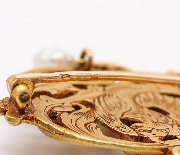 -Gaston Lafitte 1890 French Art Nouveau Griffin Brooch In 18Kt Gold With Pearl