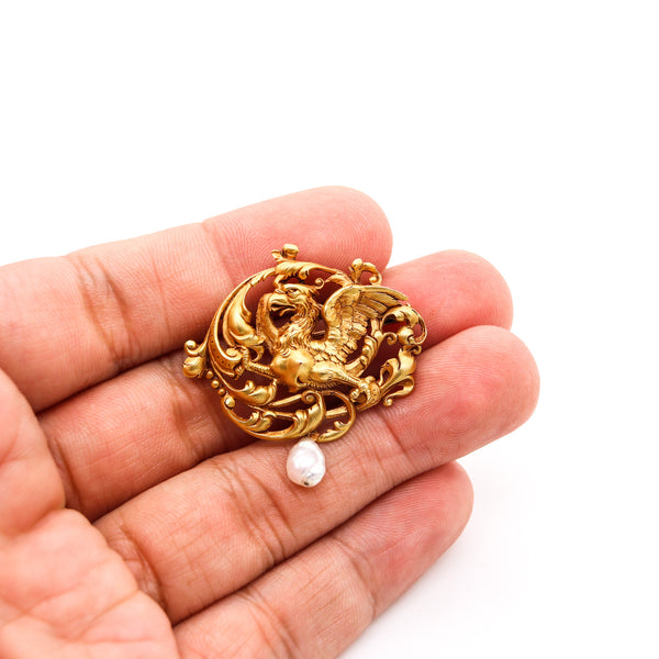 -Gaston Lafitte 1890 French Art Nouveau Griffin Brooch In 18Kt Gold With Pearl