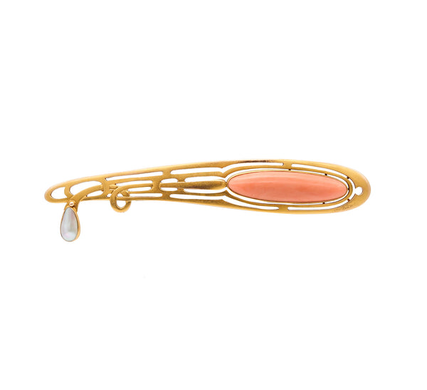 -Austrian 1900 Art Nouveau Jugendstil Brooch  In 14Kt With Coral And Pearl