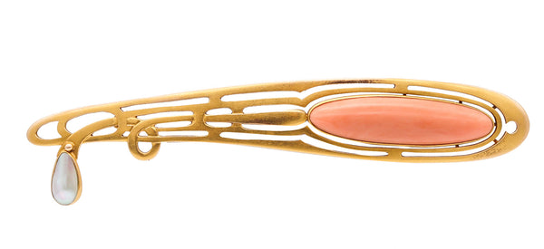 -Austrian 1900 Art Nouveau Jugendstil Brooch  In 14Kt With Coral And Pearl