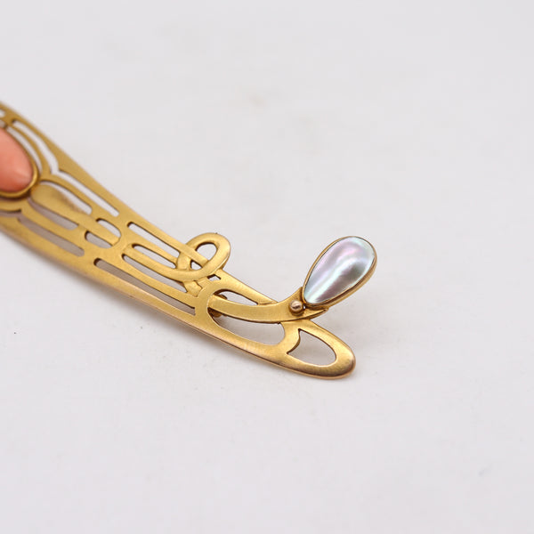 -Austrian 1900 Art Nouveau Jugendstil Brooch  In 14Kt With Coral And Pearl