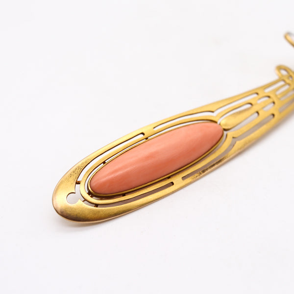 -Austrian 1900 Art Nouveau Jugendstil Brooch  In 14Kt With Coral And Pearl