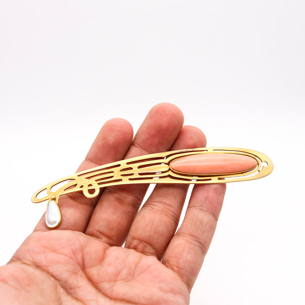 -Austrian 1900 Art Nouveau Jugendstil Brooch  In 14Kt With Coral And Pearl