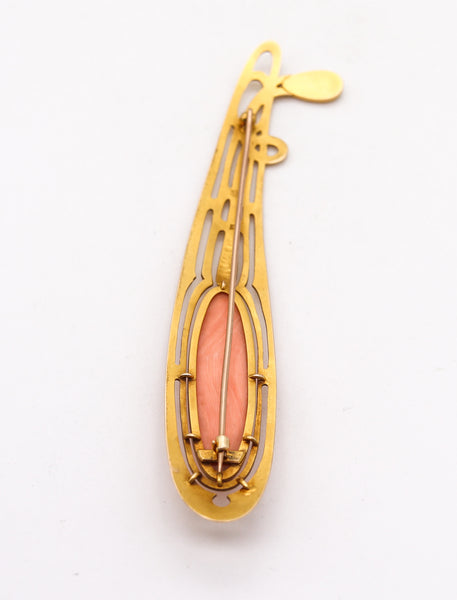 -Austrian 1900 Art Nouveau Jugendstil Brooch  In 14Kt With Coral And Pearl