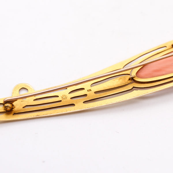 -Austrian 1900 Art Nouveau Jugendstil Brooch  In 14Kt With Coral And Pearl