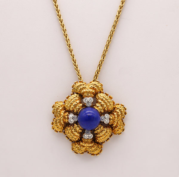 Classic Mid Century 1960 Maltese Pendant Brooch In 18Kt Gold With 21.73 Ctw In Diamonds And Lapis Lazuli