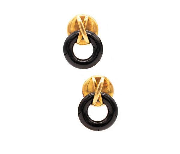 CARTIER 1972 ALDO CIPULLO RARE 18 KT YELLOW GOLD DROP EARRINGS WITH ONYX.