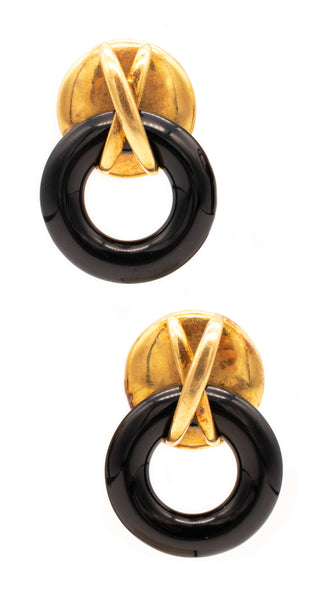 CARTIER 1972 ALDO CIPULLO RARE 18 KT YELLOW GOLD DROP EARRINGS WITH ONYX.