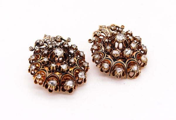 -Georgian 1785 Antique Earrings In 15Kt Gold And Enamel With 5.64 Ctw In Diamonds