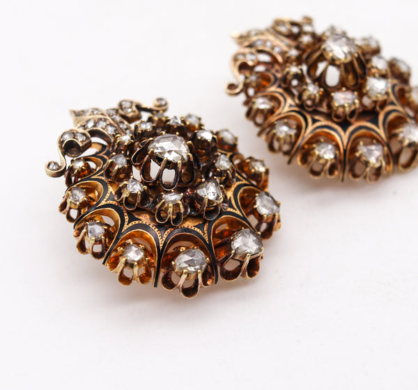 -Georgian 1785 Antique Earrings In 15Kt Gold And Enamel With 5.64 Ctw In Diamonds