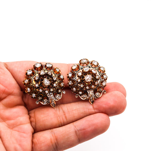 -Georgian 1785 Antique Earrings In 15Kt Gold And Enamel With 5.64 Ctw In Diamonds