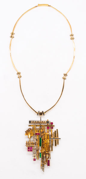 ARNALDO POMODORO 1963 Milan Geometric Sculptural Necklace In 18Kt Gold With Gemstones