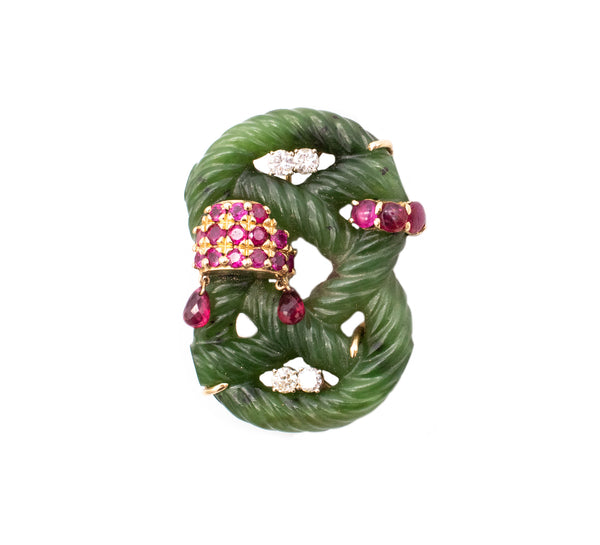 Seaman Schepps 1950 Brooch In 14Kt With Nephrite And 4.20 Ctw In Diamonds And Rubies