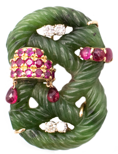 Seaman Schepps 1950 Brooch In 14Kt With Nephrite And 4.20 Ctw In Diamonds And Rubies
