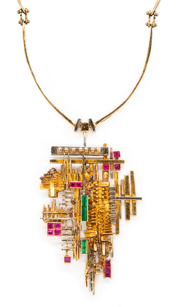 ARNALDO POMODORO 1963 Milan Geometric Sculptural Necklace In 18Kt Gold With Gemstones
