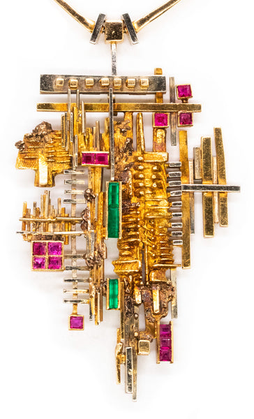 ARNALDO POMODORO 1963 Milan Geometric Sculptural Necklace In 18Kt Gold With Gemstones