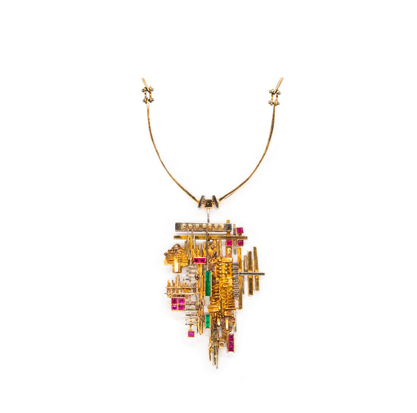 ARNALDO POMODORO 1963 Milan Geometric Sculptural Necklace In 18Kt Gold With Gemstones