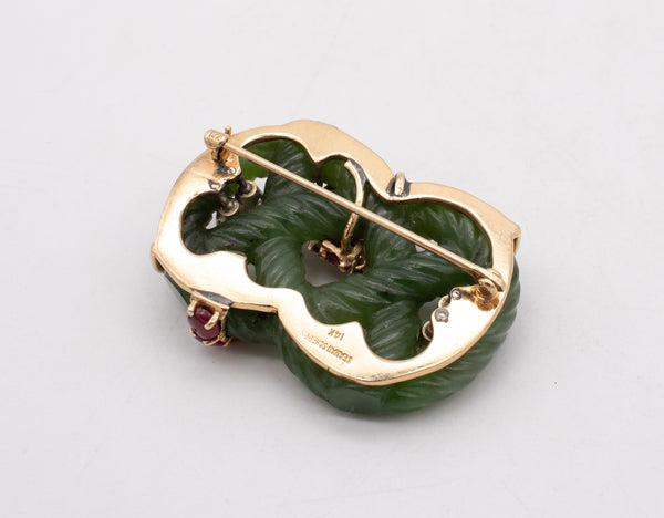 Seaman Schepps 1950 Brooch In 14Kt With Nephrite And 4.20 Ctw In Diamonds And Rubies