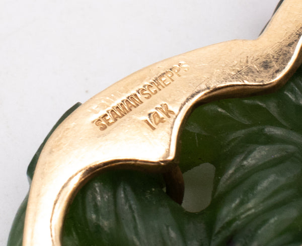 Seaman Schepps 1950 Brooch In 14Kt With Nephrite And 4.20 Ctw In Diamonds And Rubies